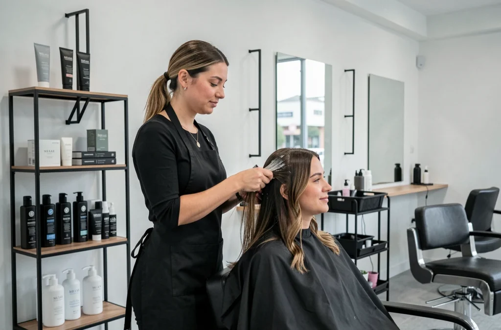 Styliste du salon ESSENSUAL à Mérignac appliquant un soin capillaire dans un cadre minimaliste