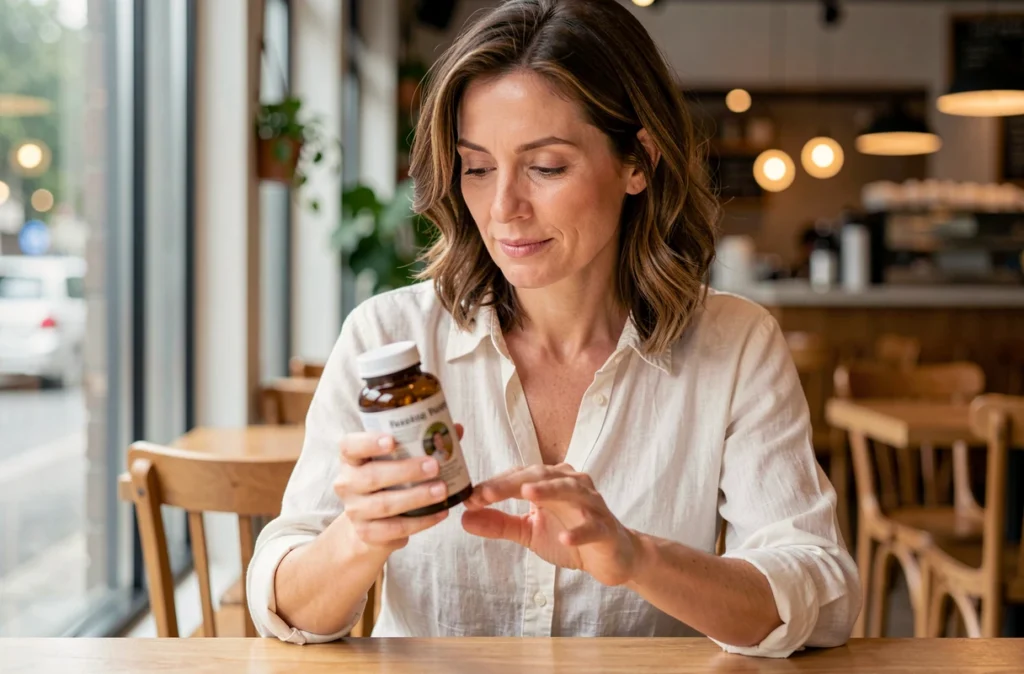 Femme lisant l'étiquette d'un complément alimentaire au collagène dans un café, analyse critique d'un produit comme Colagea