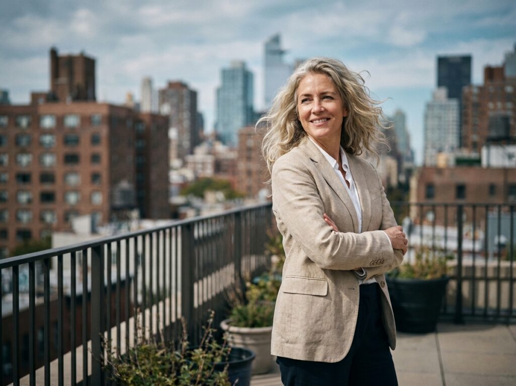 Femme mature aux cheveux blond argenté gonflants sur une terrasse urbaine avec vue sur la ville