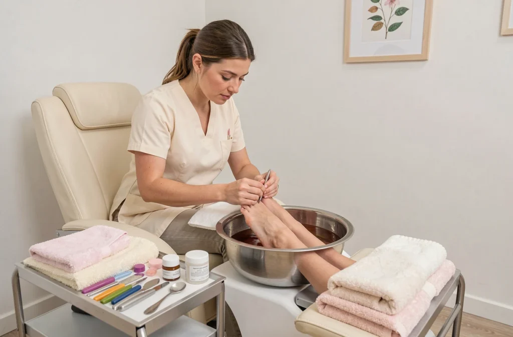 Soin pédicure réalisé avec soin sur une cliente installée dans un fauteuil confortable chez Flavie Deshayes à Orléans
