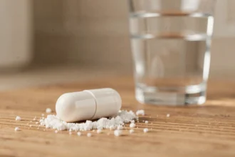 Gélule de complément alimentaire au collagène posée sur une surface en bois avec un verre d'eau, illustration d'un avis produit Colagea
