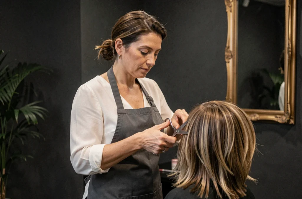 Coiffeuse du salon confidentiel HUSH à Bordeaux réalisant une coupe précise dans un cadre intimiste