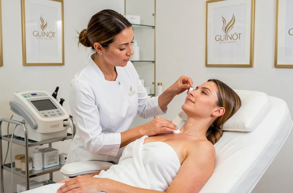 Esthéticienne de l'Institut Guinot à Montpellier effectuant un soin professionnel dans une cabine haut de gamme