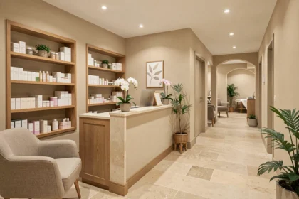 Intérieur élégant d'un institut de beauté dans le Loiret, avec une réception chaleureuse et des produits de soin exposés sur des étagères en bois
