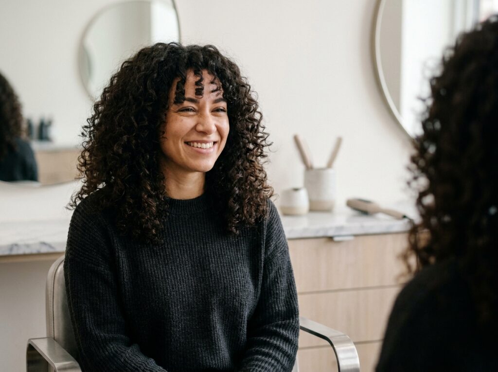 Jeune femme aux cheveux bouclés volumineux admirant son reflet dans un salon de coiffure moderne
