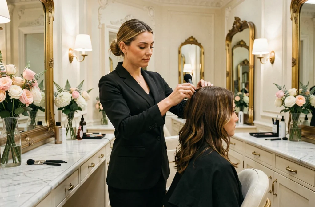 Styliste du salon Lucie Saint-Clair coiffant une cliente dans un cadre luxueux à Bordeaux