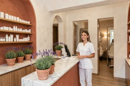Intérieur élégant d'un institut de beauté en Occitanie avec réception en marbre et décoration provençale