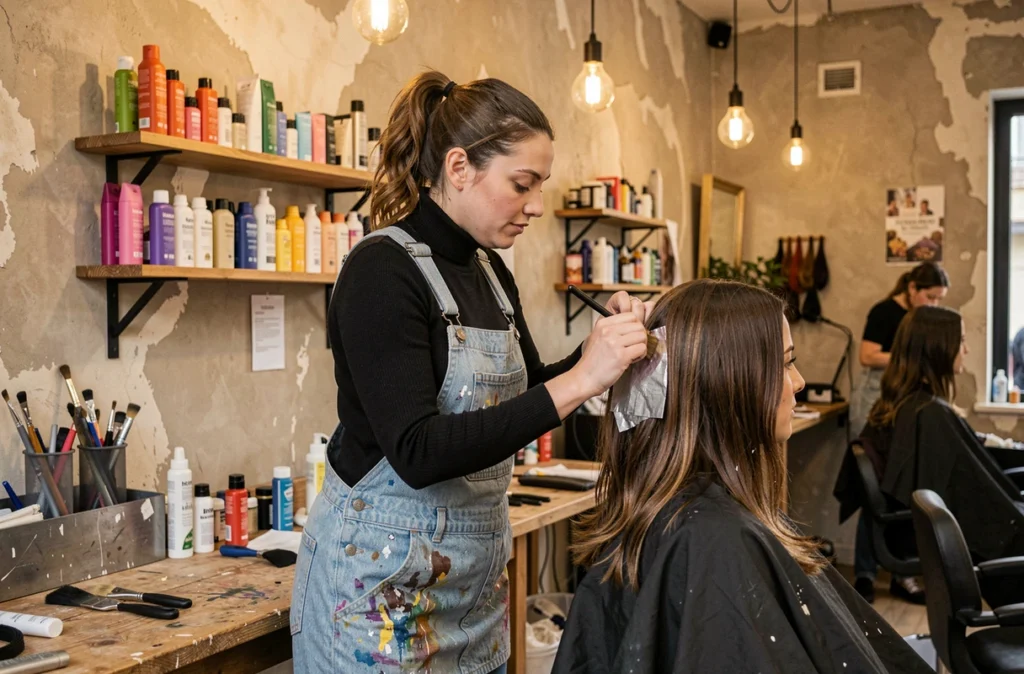 Atelier de coiffure O 72 à Bordeaux avec une coiffeuse appliquant une coloration créative