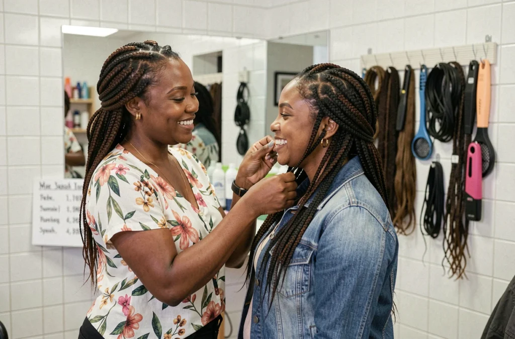Deux amies admirant une coiffure en tresses ghana réalisées dans un salon de coiffure africaine économique