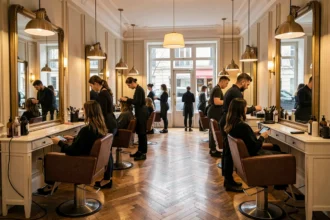 Intérieur élégant d'un salon de coiffure parisien avec des stations de coiffage en laiton et un parquet en chevrons