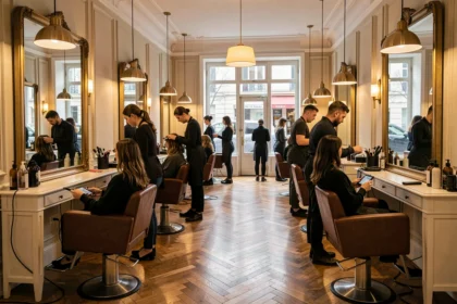 Intérieur élégant d'un salon de coiffure parisien avec des stations de coiffage en laiton et un parquet en chevrons