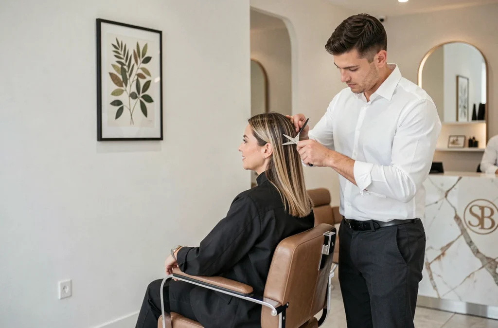 Styliste expert travaillant sur la coiffure d'une cliente dans le salon David Mallett à Paris