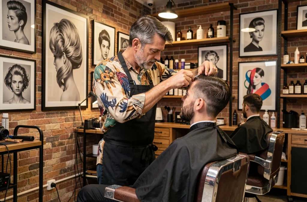 Coiffeur du salon Le Grand Art réalisant une coupe artistique sur un client à Bordeaux