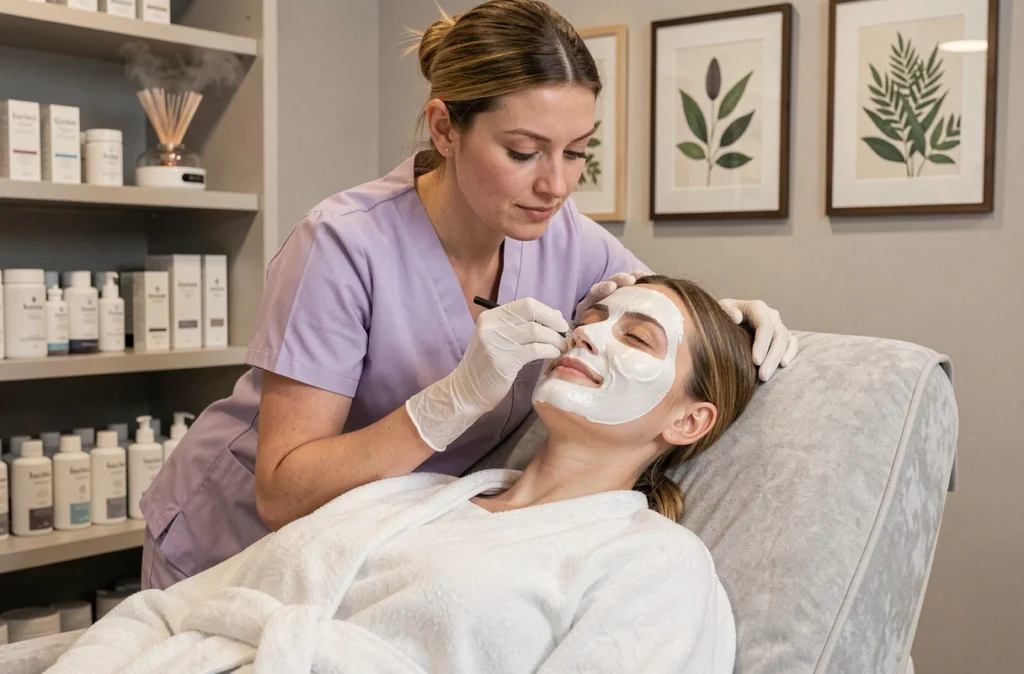 Application d'un masque facial dans une cabine soignée de l'institut Satine à Orléans