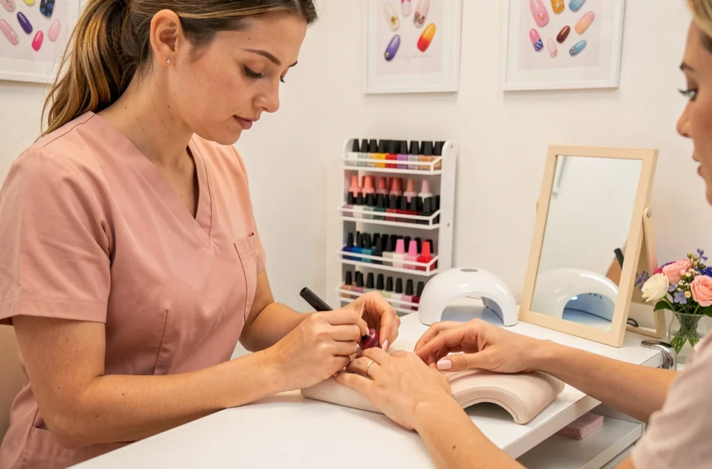 Technicienne en onglerie appliquant du vernis sur les mains d'une cliente dans la cabine lumineuse de Top'Ongle à Orléans