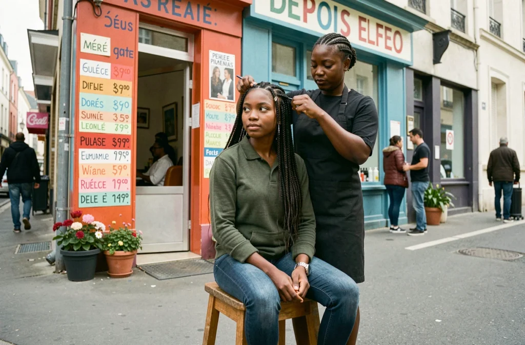 Jeune femme se faisant tresser des box braids devant un salon de coiffure africaine pas cher en plein air