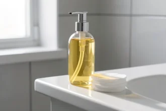 Flacon de savon doux et coton posés sur le rebord d'un lavabo