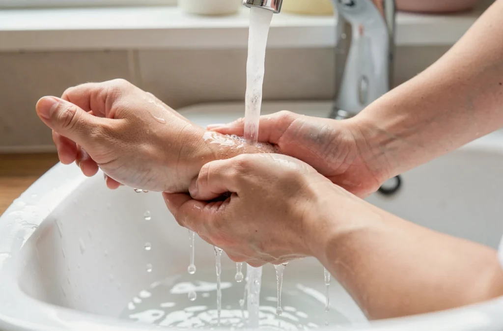 Mains lavant doucement un avant-bras avec de l'eau tiède
