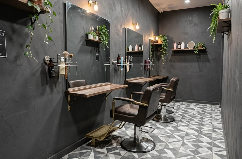 Salon de coiffure étroit avec rangée de postes compacts, miroir mural unique, carrelage graphique et décoration urbaine industrielle